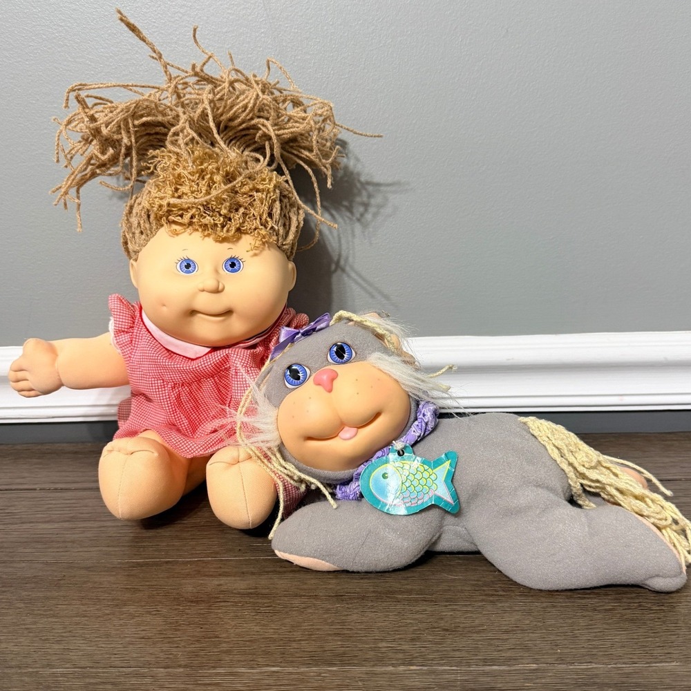 Vintage 1990 Cabbage Patch Kids First Edition Doll & Crimp 'N Curl Pet Cat